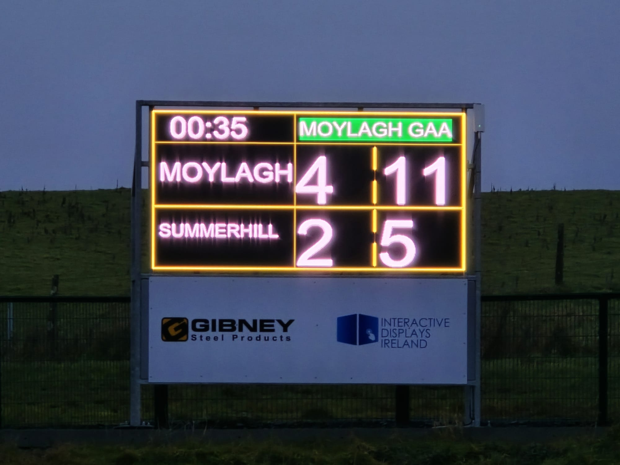 CluScore LED scoreboard at Moylagh GAA showing Moylagh 4-11 v Summerhill 2-5