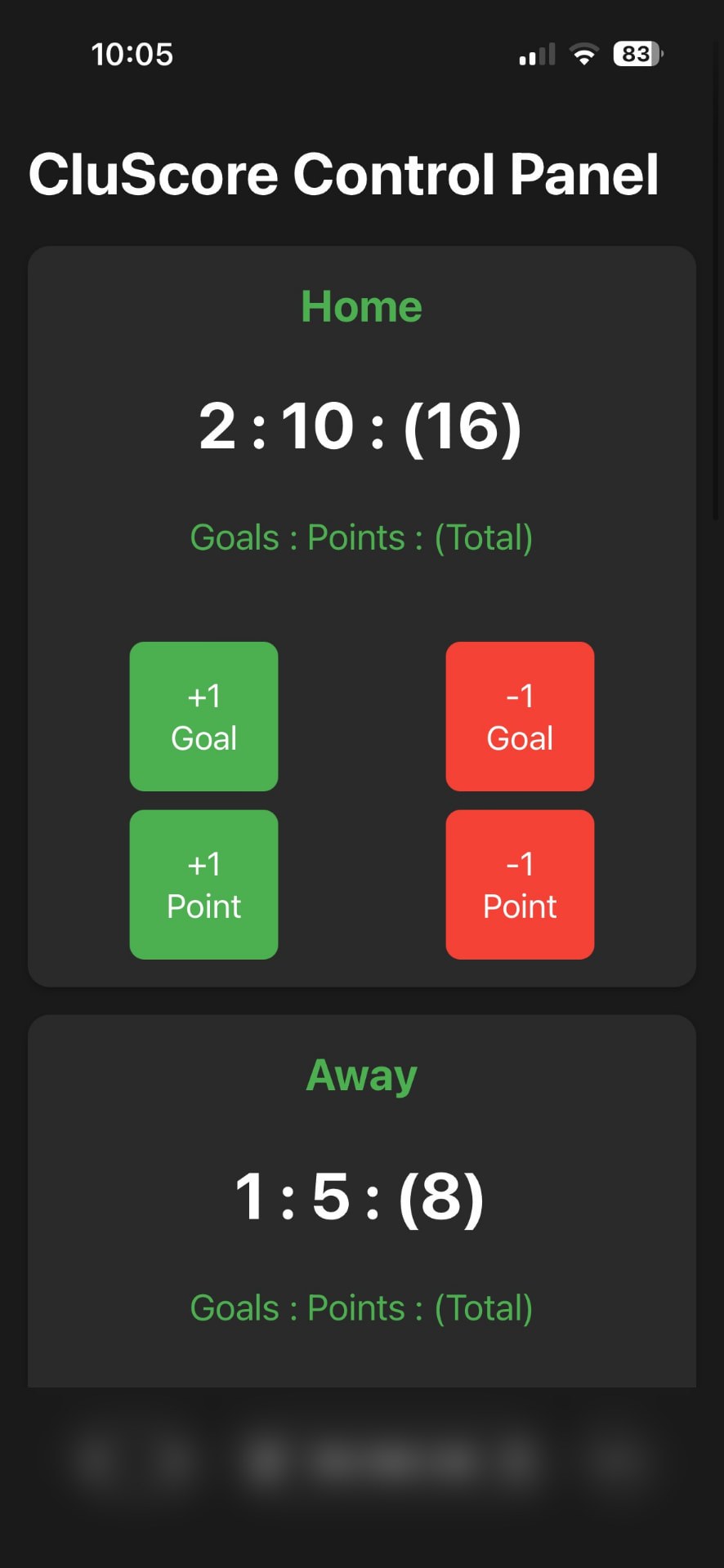 CluScore phone control showing live GAA full-time score