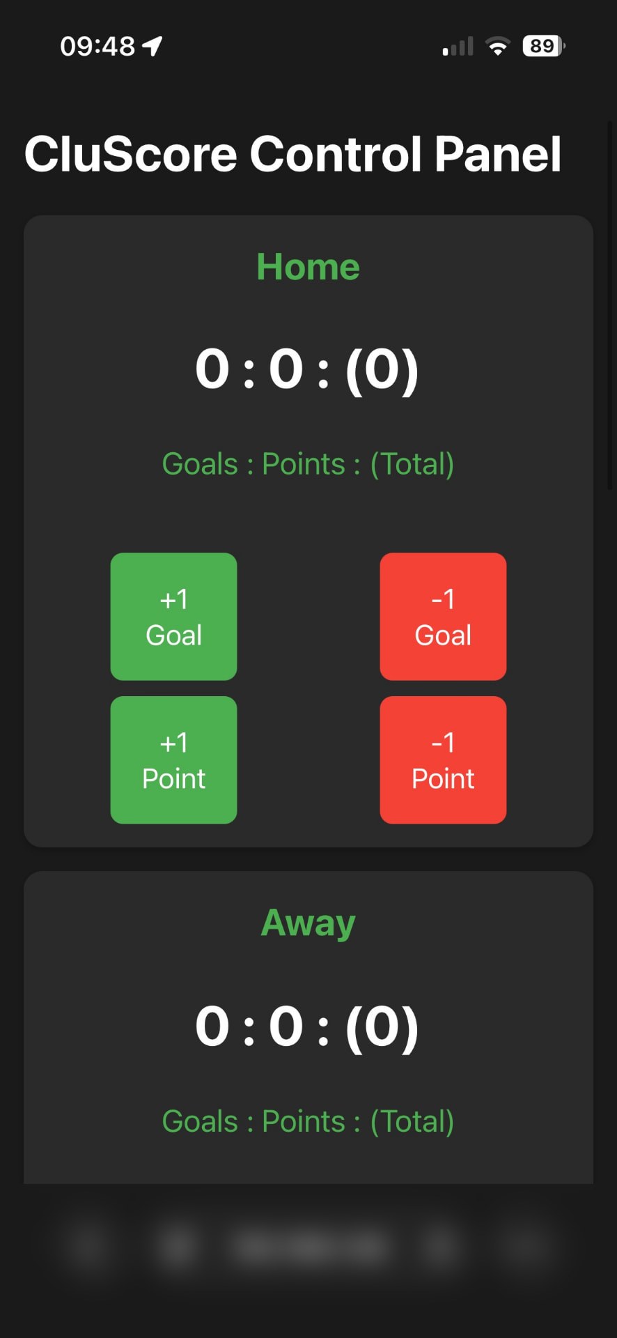 CluScore phone control start screen