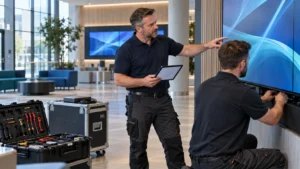 AV technicians installing a commercial video wall in a corporate lobby — Interactive Displays Ireland