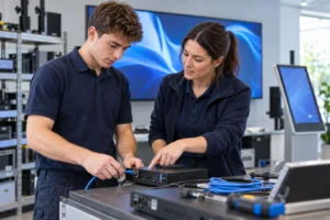 Junior AV engineer learning media player and cabling setup with a senior engineer — Interactive Displays Ireland